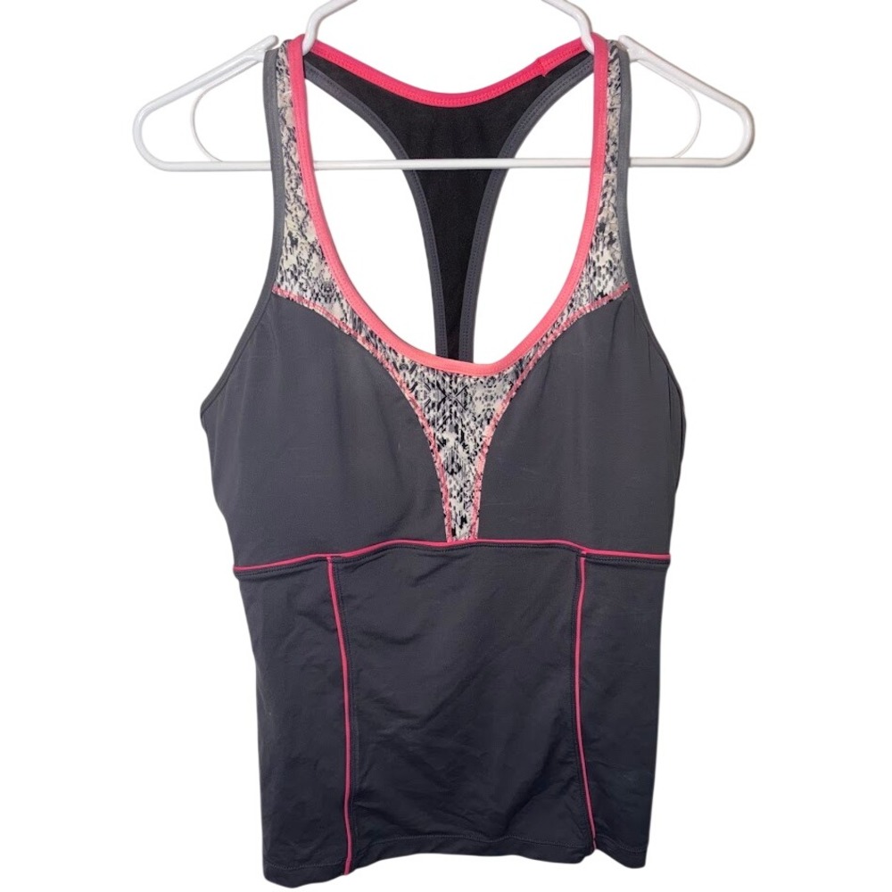 Athleta Womens Racerback Tank Top Grey Pink Snakeskin Shelf Bra Size Large Tall